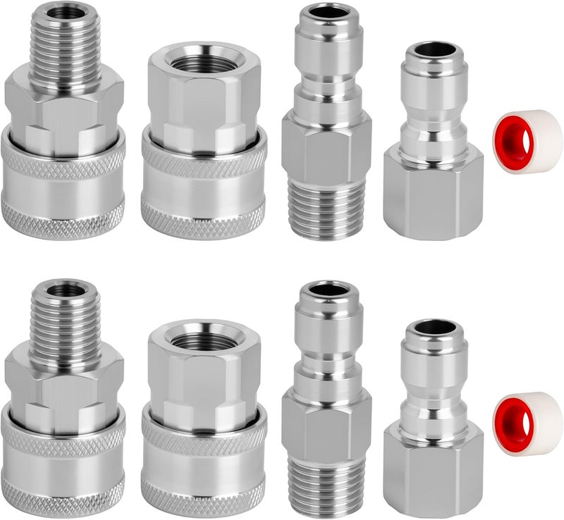 Qoroos 4 Sets NPT 1/4 Inch Quick Connect Pressure Washer Fittings Stainless Steel Quick Connect Kit Male and Female Pressure Washer Adapter Set (Internal Thread, External Thread) - Image 1